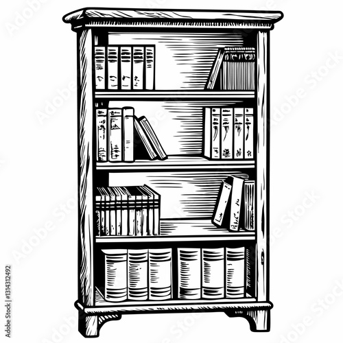 Hand Drawn Bookshelf Illustration with Vintage Wooden Design Featuring Classic Books