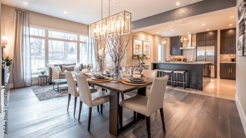 Wallpaper Mural Modern Open Concept Dining Room: A spacious, modern dining room with a large, open-plan design, featuring a sleek dining table, comfortable chairs, a modern chandelier. Torontodigital.ca