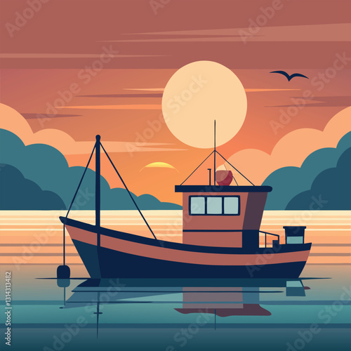 A fishing-boat-at-sunrise-on-calm-waters creatin.