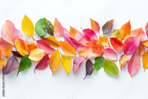Falling autumn foliage on white background, isolated colorful leaves. Generative AI technology