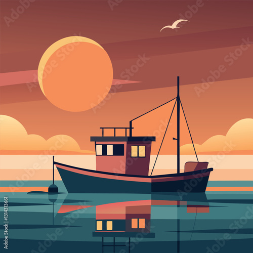 A fishing-boat-at-sunrise-on-calm-waters creatin.