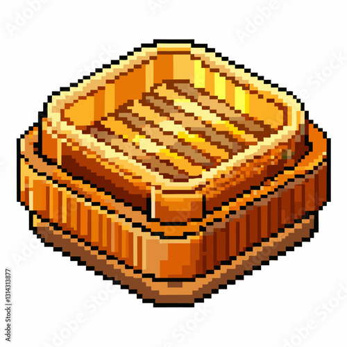 Pixel Art Bamboo Steamer Icon in Isometric Style for Cooking and Gaming Designs