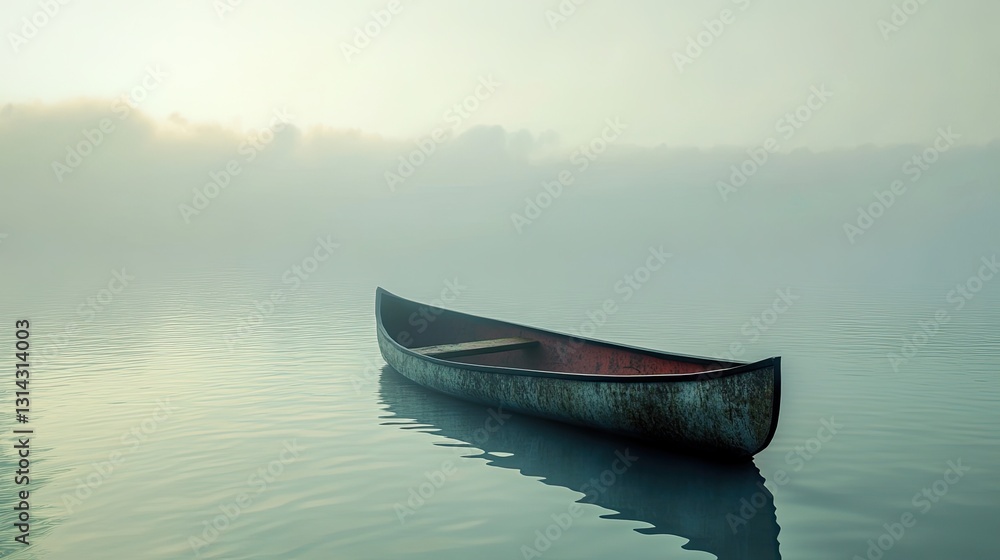 Naklejka premium Solitary Canoe Amidst Misty Waters, A Serene Aquatic Adventure Scene