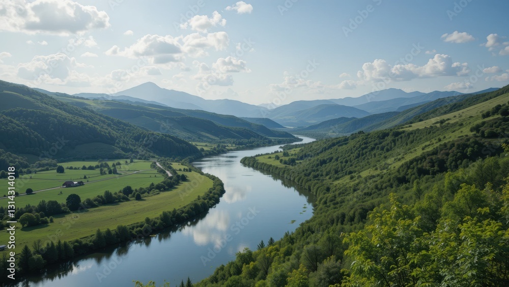 Panoramic View of a Serene River Flowing Through Verdant Mountains and Rolling Hills in Summer Panoramic View of a Serene River Flowing Through Verdant Mountains and Rolling Hills in Summer