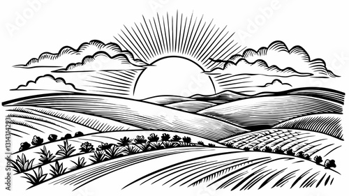 Scenic Sunrise Over Rolling Hills in Vintage Woodcut Style