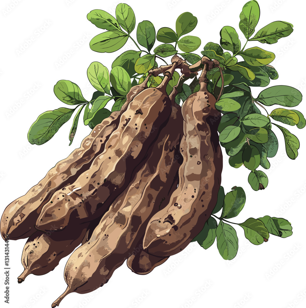 Fototapeta premium Tamarind vector drawing, old botanical illustration, isolated on transparent background, tropical plant, vintage style, botanical art, tamarind tree print, nature art, botanical design