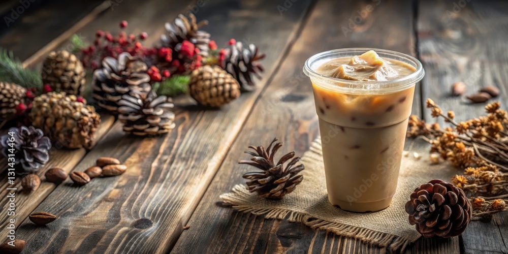 Warm iced coffee in a plastic cup sits atop a worn rustic wood table Warm iced coffee in a plastic cup sits atop a worn rustic wood table