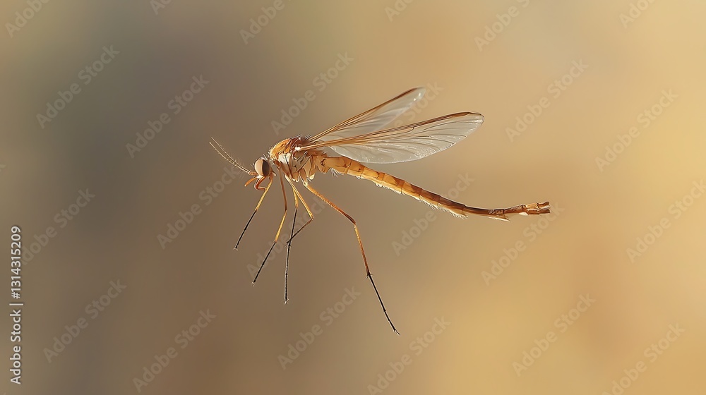 A slender insect in flight. A delicate, light-brown crane fly with translucent wings, in profile view, against a soft, muted background A slender insect in flight. A delicate, light-brown crane fly with translucent wings, in profile view, against a soft, muted background
