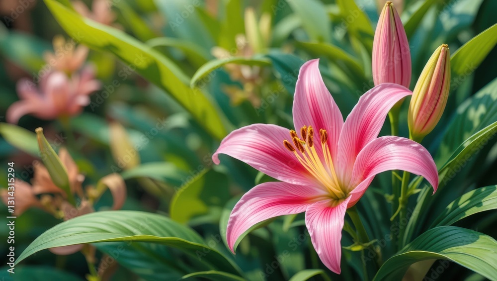 Beautiful Pink Lily Flower Blooming Amidst Lush Green Foliage in a Serene Nature Garden Beautiful Pink Lily Flower Blooming Amidst Lush Green Foliage in a Serene Nature Garden