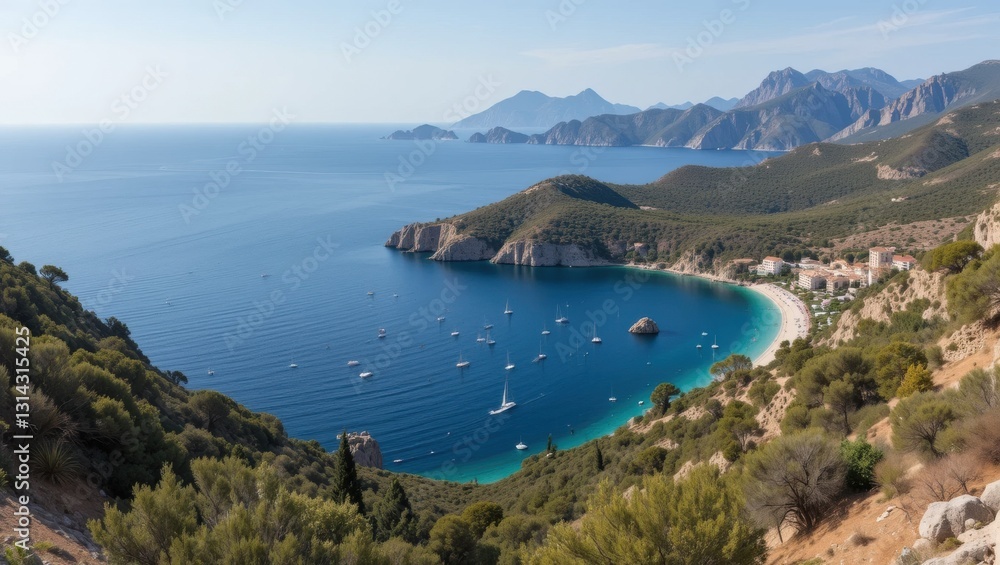 Breathtaking Coastal View of a Serene Beach with Boats Anchored Near Island in Summer Breathtaking Coastal View of a Serene Beach with Boats Anchored Near Island in Summer