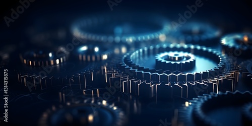 Abstract 3D Gears Mechanics Concept on Dark Background with Polygonal Mesh and Flare