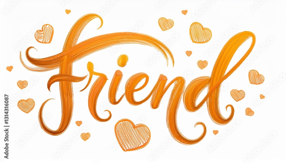 붓터치로 쓰여진 FRIEND 손글씨와 함께 주변을 감싸는 하트 장식 붓터치로 쓰여진 FRIEND 손글씨와 함께 주변을 감싸는 하트 장식