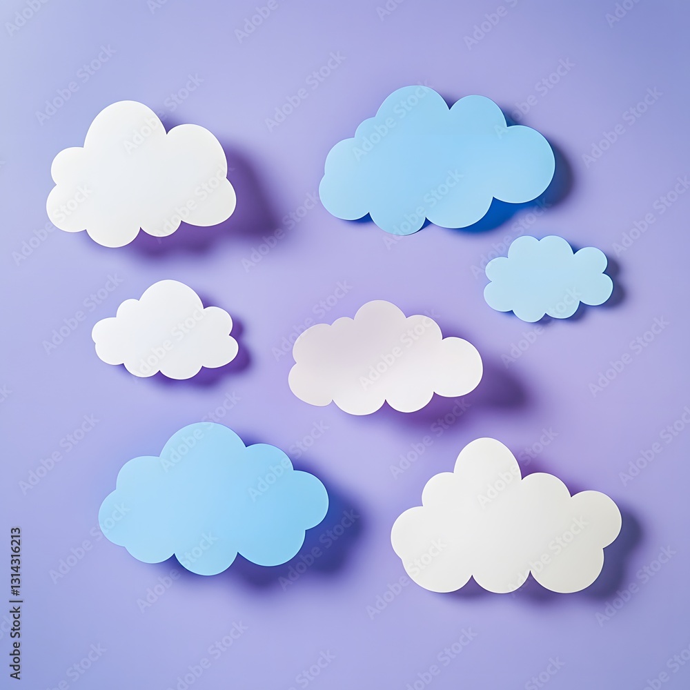 Colorful paper clouds create a whimsical atmosphere on a soft purple background for a playful design Colorful paper clouds create a whimsical atmosphere on a soft purple background for a playful design