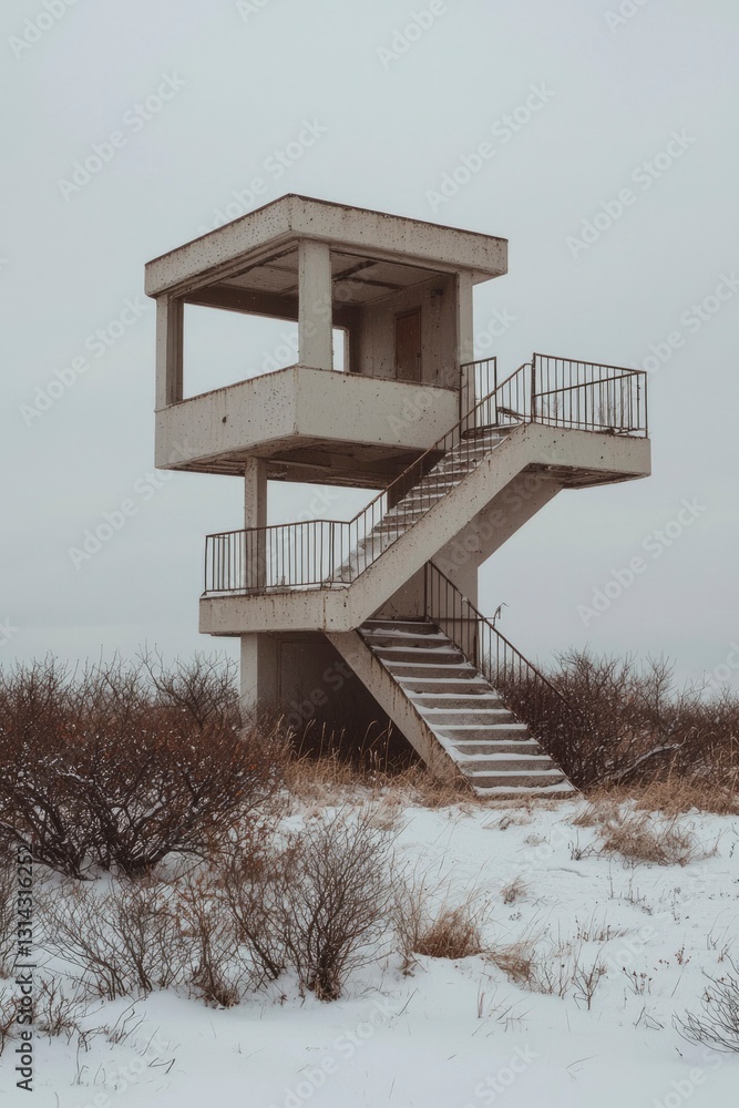 Naklejka premium Concrete observation tower on snowy plain