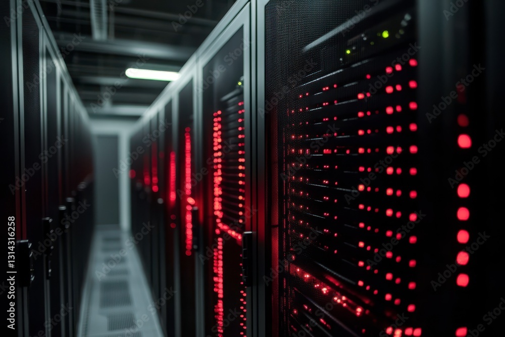 Data center with server racks glowing red. Concept of information technology infrastructure for cloud computing, data storage, high performance network and cybersecurity. Data center with server racks glowing red. Concept of information technology infrastructure for cloud computing, data storage, high performance network and cybersecurity.