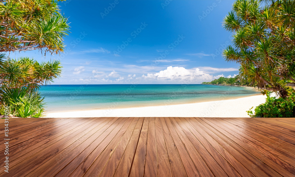 Fototapeta premium Tropical Beach with Wooden Platform and Ocean View Showcase Advertising