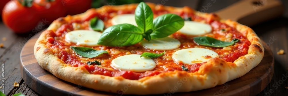 Classic Margherita pizza, basil, mozzarella, rustic wooden board, cheese, crispy Classic Margherita pizza, basil, mozzarella, rustic wooden board, cheese, crispy