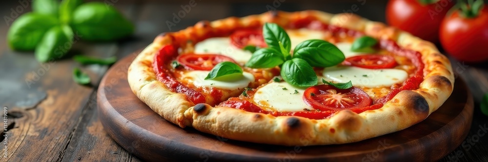 Classic Margherita pizza, basil, mozzarella, rustic wooden board, white, oven Classic Margherita pizza, basil, mozzarella, rustic wooden board, white, oven