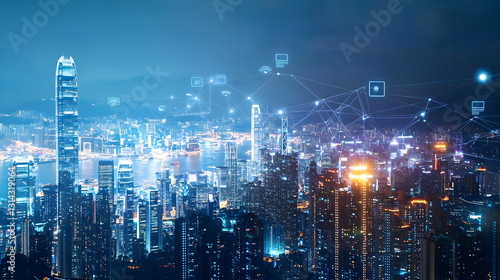 Wallpaper Mural Panoramic Night View Of Hong Kong City Skyline With Futuristic Network Connections And Glowing Blue And Gold Lights Torontodigital.ca