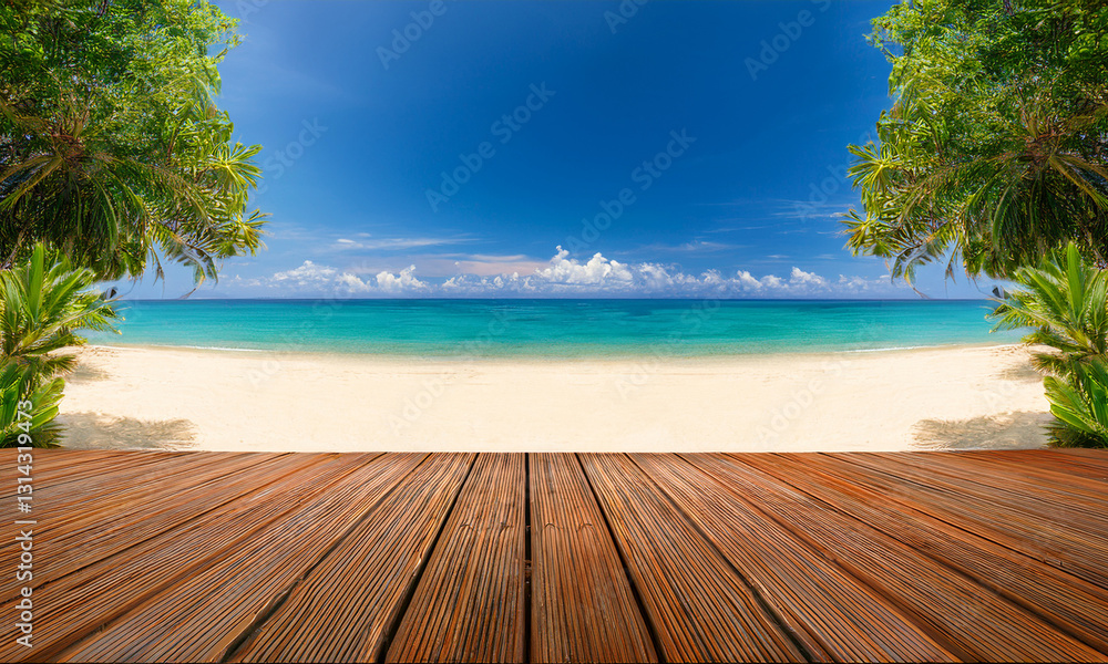Fototapeta premium Tropical Beach with Wooden Platform and Ocean View Showcase Advertising