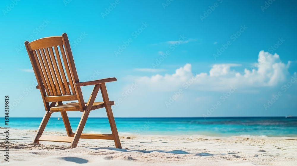 Wooden beach chair is sitting on the sand near the ocean Wooden beach chair is sitting on the sand near the ocean