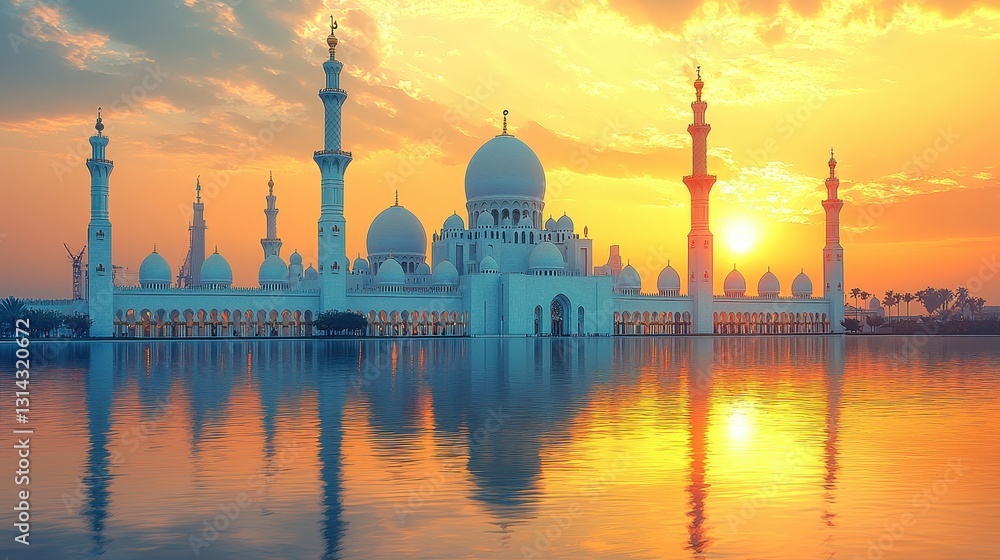 Naklejka premium Serene Sunset Over Majestic Mosque with Reflections in Calm Water