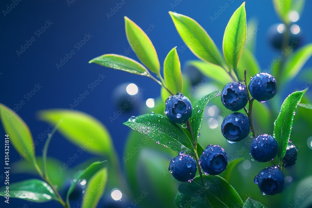 Close up of fresh blueberries with water droplets on leaves in soft lighting and blue background Close up of fresh blueberries with water droplets on leaves in soft lighting and blue background
