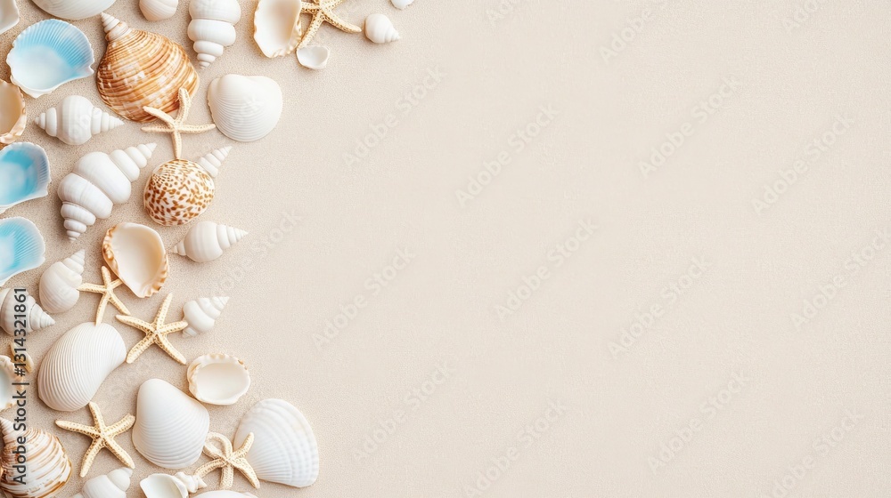 Seashells and Starfish Corner Border on Beige, Beach ,Summer Seashells and Starfish Corner Border on Beige, Beach ,Summer