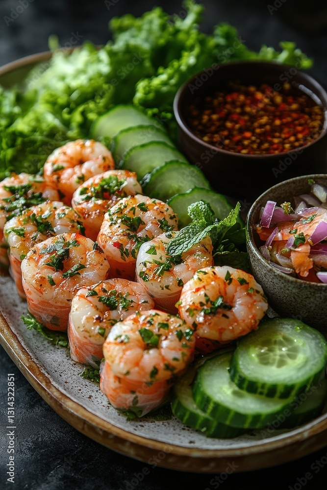 Fresh shrimp spring rolls with vegetables and dips on a rustic plate Fresh shrimp spring rolls with vegetables and dips on a rustic plate