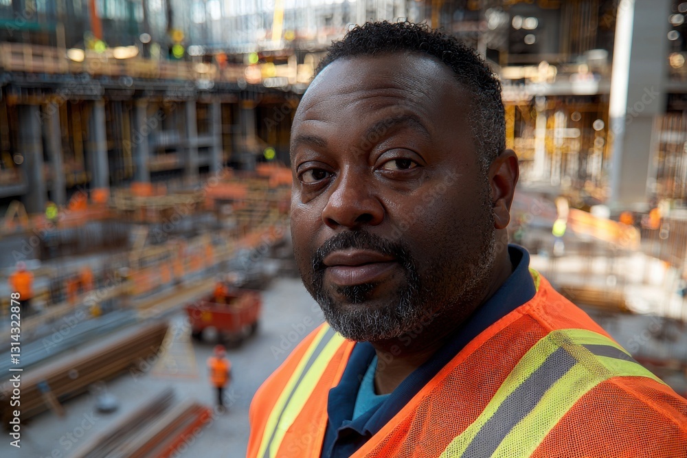 Portrait of a confident construction worker wearing a safety vest on a construction site, overseeing the progress and ensuring worker safety is paramount. Portrait of a confident construction worker wearing a safety vest on a construction site, overseeing the progress and ensuring worker safety is paramount.
