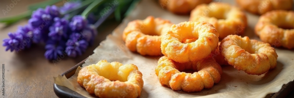 Crispy honey-lavender palmiers, arranged on baking sheet , foodie, dessertphotography, texture Crispy honey-lavender palmiers, arranged on baking sheet , foodie, dessertphotography, texture