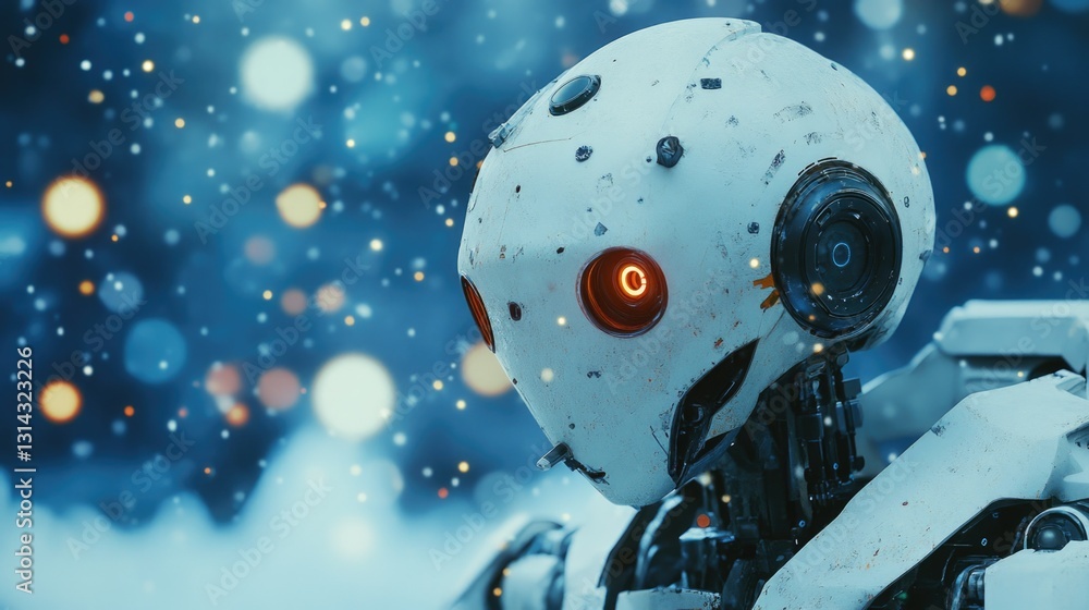 A robot with human-like features, positioned against a backdrop of bokeh stars and an indistinct cityscape at night. The robot has a warm glow emanating from its chest area. A robot with human-like features, positioned against a backdrop of bokeh stars and an indistinct cityscape at night. The robot has a warm glow emanating from its chest area.