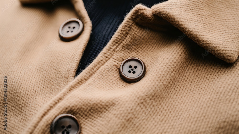 Close-up of a beige cardigan with dark brown buttons. Soft, textured fabric. Warm and cozy. Close-up of a beige cardigan with dark brown buttons. Soft, textured fabric. Warm and cozy.
