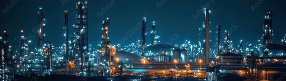 Fototapeta premium Oil refinery with intricate pipe networks, large storage tanks, and nighttime lighting, industrial infrastructure, cinematic atmosphere