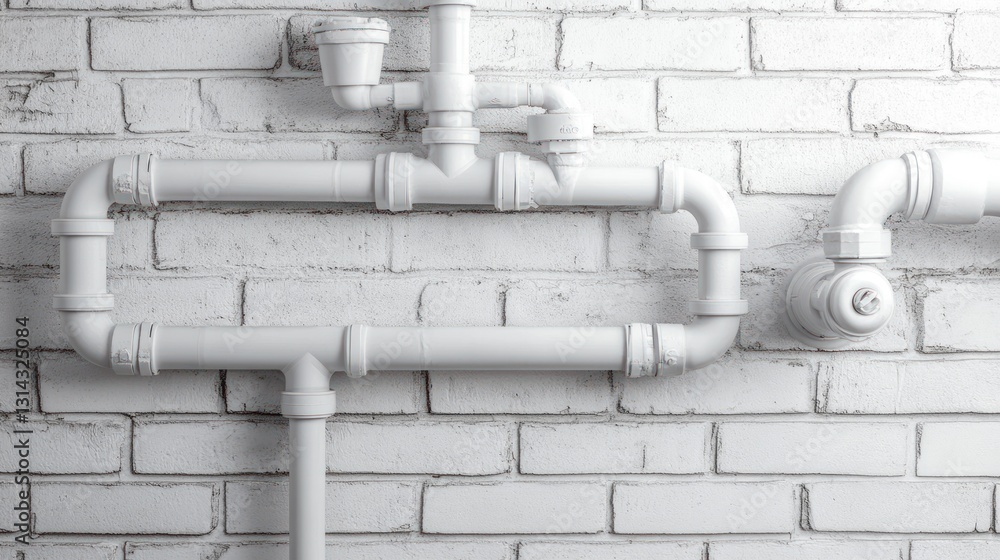 Abstract White Pipes Against a Brick Wall: Plumbing Design Concept Abstract White Pipes Against a Brick Wall: Plumbing Design Concept