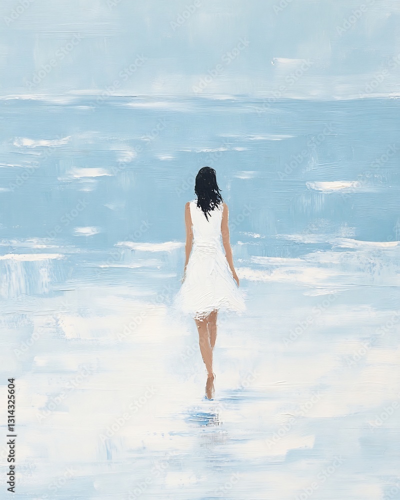 custom made wallpaper toronto digitalwoman in white dress walking barefoot along shore, pastel blue background