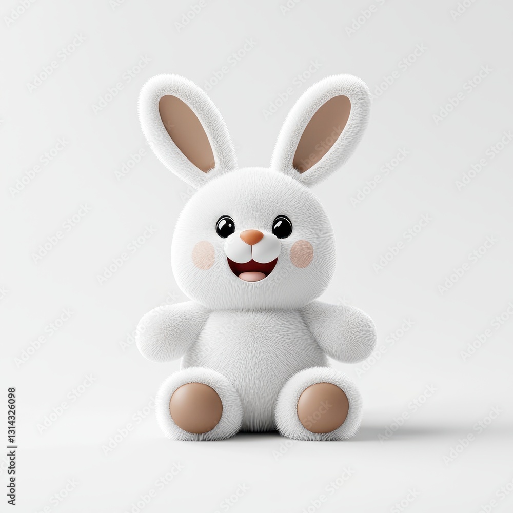Obraz premium Cute White Bunny Plush Toy with Big Ears and Cheerful Expression on White Background