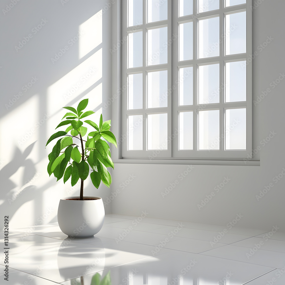 This elegant minimalist interior captures the beauty of simplicity with a touch of nature. A single potted plant with lush green leaves sits gracefully in a smooth white ceramic pot, This elegant minimalist interior captures the beauty of simplicity with a touch of nature. A single potted plant with lush green leaves sits gracefully in a smooth white ceramic pot,