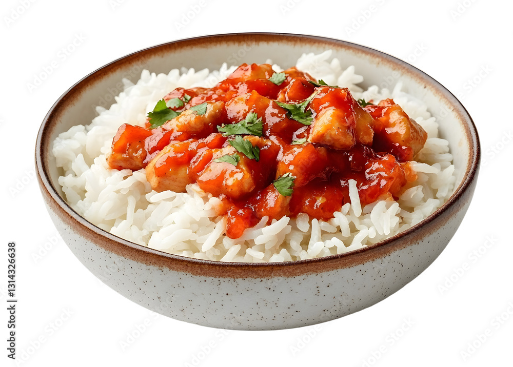 bowl of basmati rice with red sweet and sour chicken sauce, png bowl of basmati rice with red sweet and sour chicken sauce, png