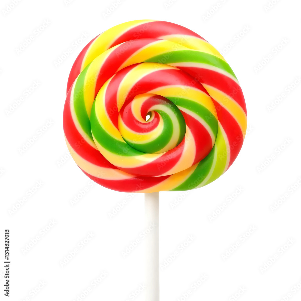 Colorful spiral lollipop with vibrant red, yellow, green, and pink swirls on a white stick isolated on transparent background Colorful spiral lollipop with vibrant red, yellow, green, and pink swirls on a white stick isolated on transparent background
