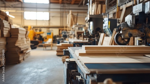 Advanced furniture production factory with automated woodworking machines and skilled artisans overseeing craftsmanship