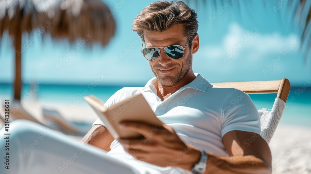 Fototapeta premium Man is reading a book on a beach. He is wearing sunglasses and a white shirt. The beach is calm and peaceful, and the man seems to be enjoying his time reading