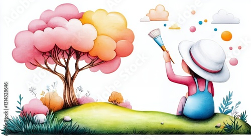 Child's Watercolor Painting A Whimsical Landscape with Pink and