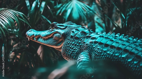 Close-up of a teal-colored crocodile amidst lush green foliage