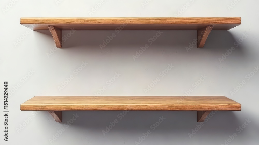 Two Empty Rustic Wooden Shelves on a White Wall Two Empty Rustic Wooden Shelves on a White Wall
