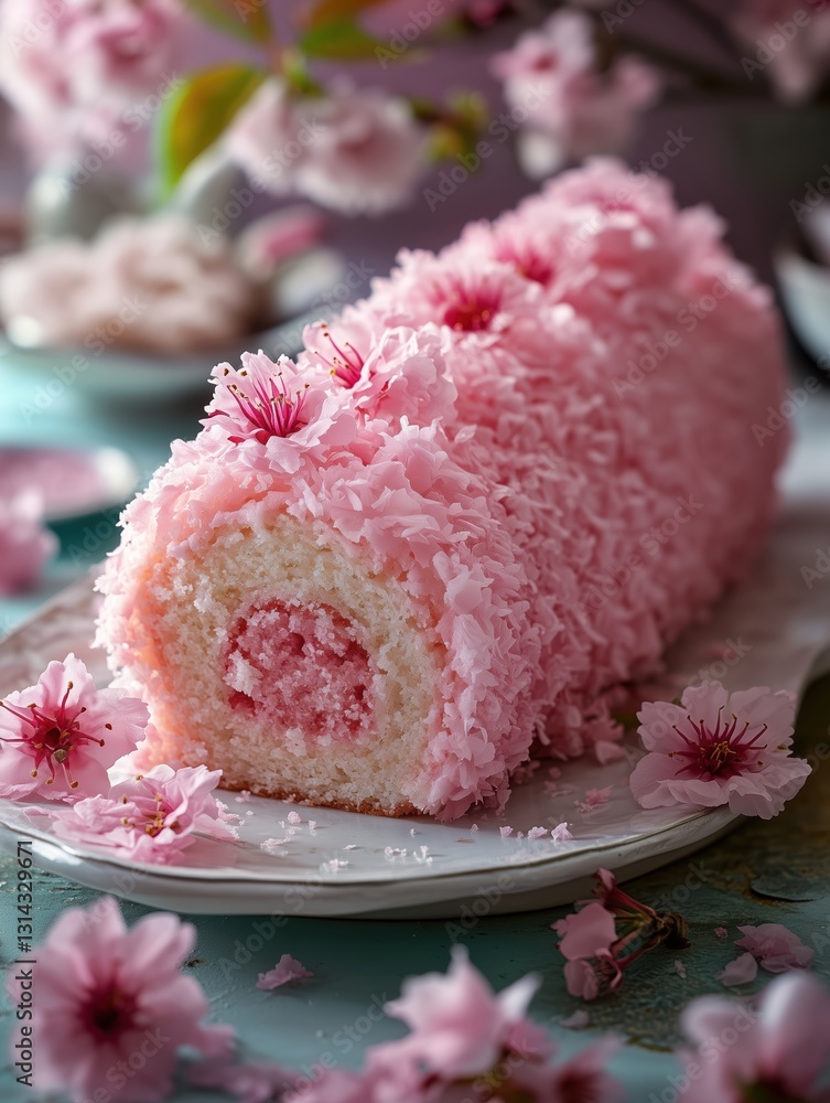 Sliced pink sakura cake roll showcasing delicate floral decorations in an elegant presentation with a soft and fluffy texture Sliced pink sakura cake roll showcasing delicate floral decorations in an elegant presentation with a soft and fluffy texture