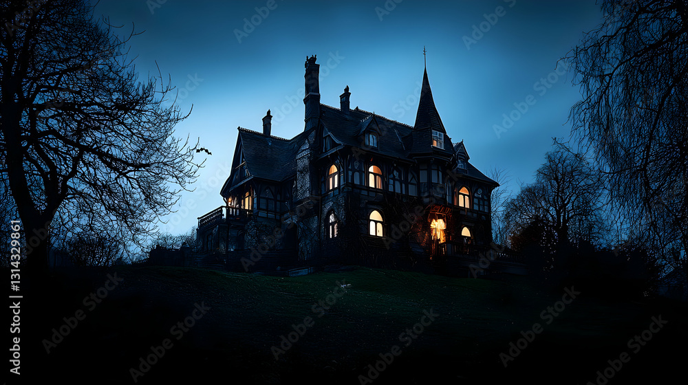 Spooky Victorian Mansion on a Hill at Twilight with Glowing Windows and Dark Silhouettes of Trees Spooky Victorian Mansion on a Hill at Twilight with Glowing Windows and Dark Silhouettes of Trees