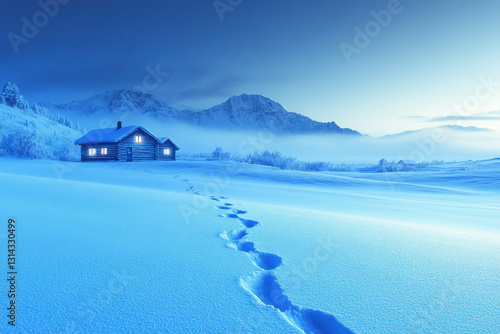A cozy cabin glows warmly against a serene, snow-covered landscape, with footprints leading through untouched snow under a clear, twilight winter sky.