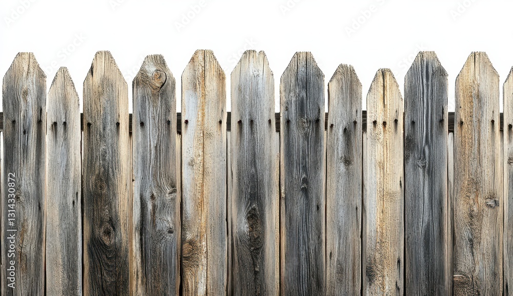 Weathered Gray and Brown Wooden Fence on White Background Weathered Gray and Brown Wooden Fence on White Background