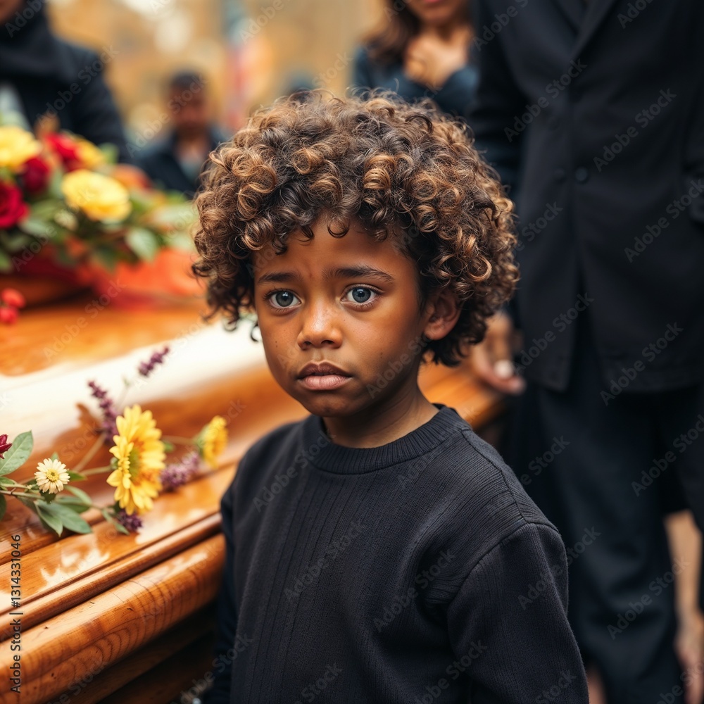 Grieving Black boy at a funeral ceremony, surrounded by mourners in a solemn atmosphere Grieving Black boy at a funeral ceremony, surrounded by mourners in a solemn atmosphere